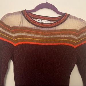 Zara Ribbed Knit Shimmer Sweater Dress Size small Metallic Bell Sleeves Long